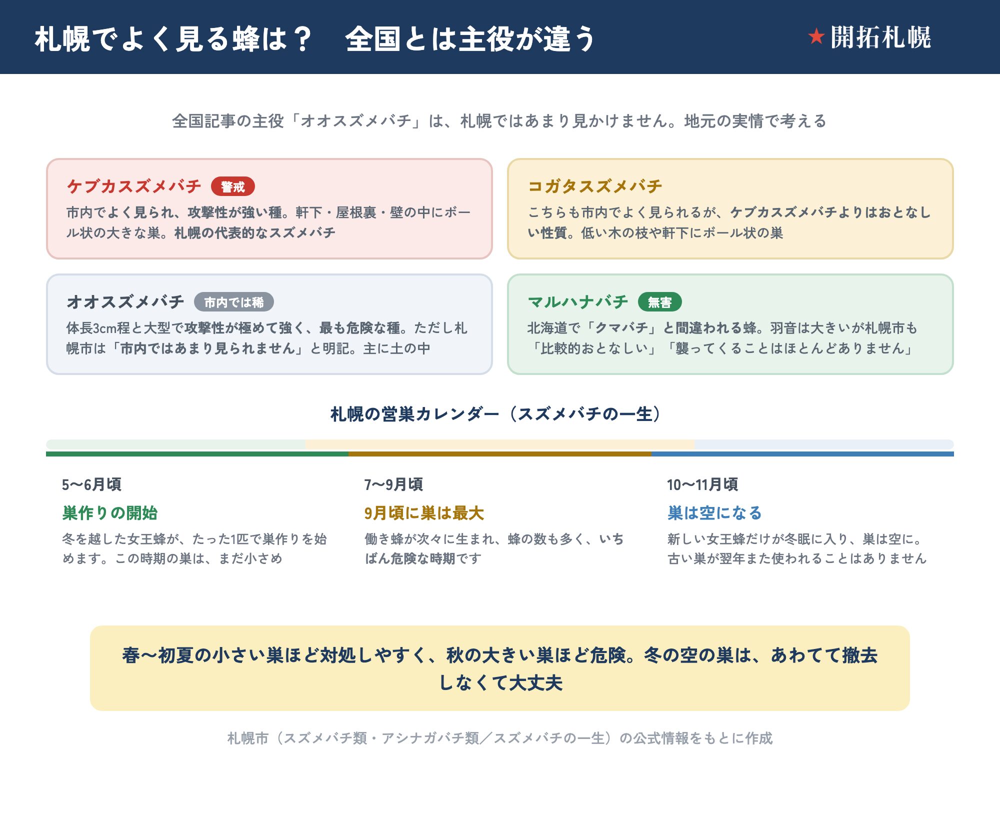 札幌でよく見る蜂と営巣カレンダー。ケブカスズメバチは市内でよく見られ攻撃性が強い札幌の代表的なスズメバチ。コガタスズメバチもよく見られるがケブカよりおとなしい。オオスズメバチは体長3cmで最も危険だが札幌市内ではあまり見られない。マルハナバチはクマバチと間違われるが比較的おとなしい無害な蜂。営巣カレンダーは5〜6月に女王蜂が1匹で巣作りを開始、9月頃に巣が最大でいちばん危険、10〜11月に巣は空になる。札幌市の公式情報をもとに作成。