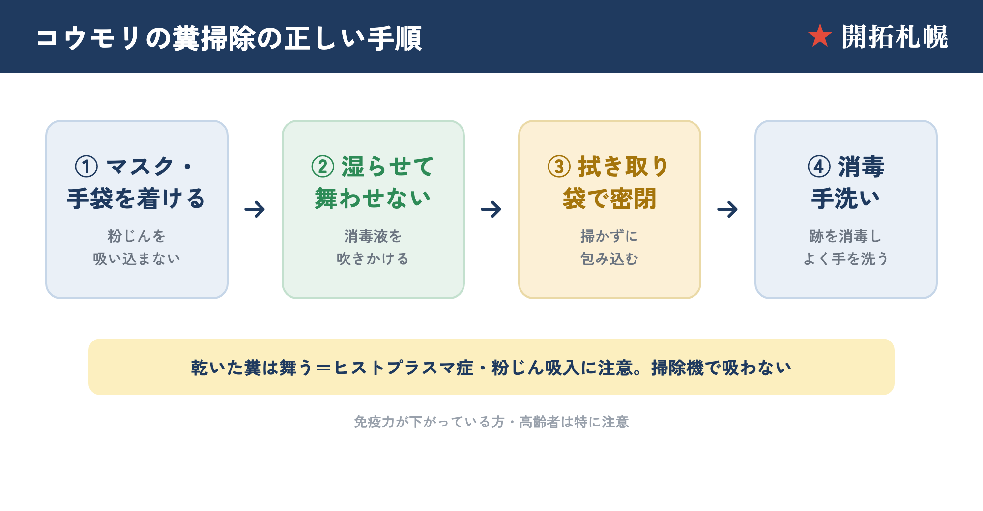 コウモリの糞そうじ5ステップ。身支度・換気→霧吹きで湿らせる→静かに集める→密封処分→消毒・手洗い
