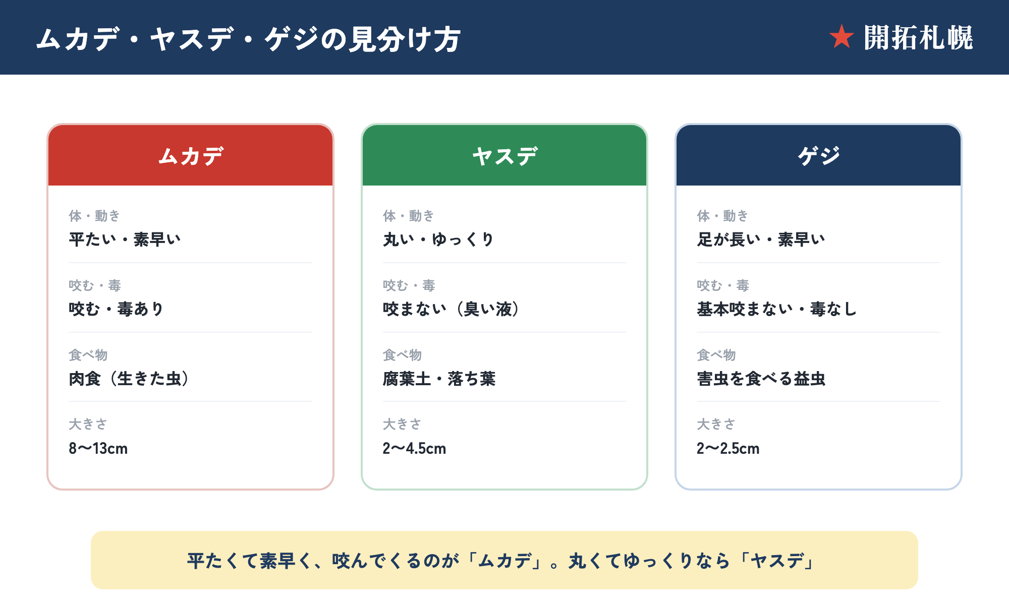ムカデ・ヤスデ・ゲジの見分け表。体の形・食べ物・咬む咬まない・動き・大きさの違い