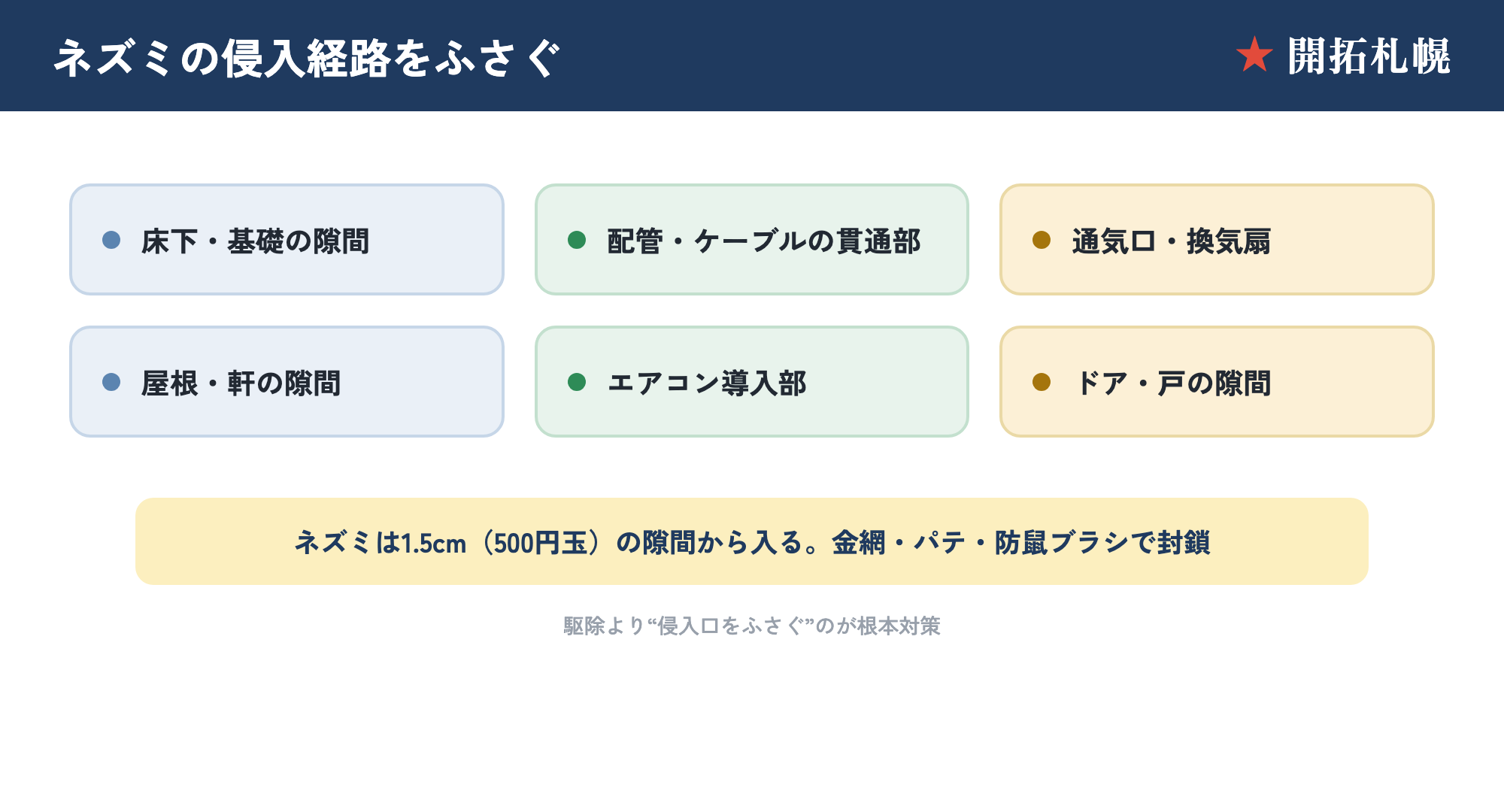 ネズミの侵入経路と封鎖（1.5cmの隙間・床下/配管/通気口）