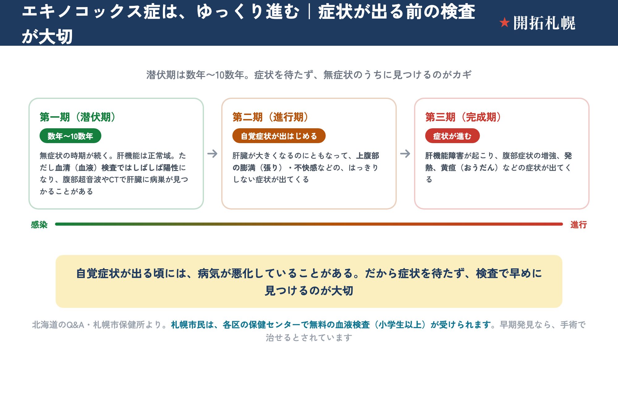エキノコックス症の進行段階と、症状が出る前の検査の大切さを示すタイムライン図。感染後、第一期（潜伏期）は数年から10数年ほど無症状の時期が続き、肝機能は正常域だが、血清（血液）検査ではしばしば陽性になり、腹部超音波やCTで肝臓に病巣が見つかることがある。第二期（進行期）は、肝臓が大きくなるのにともなって上腹部の膨満（張り）・不快感などのはっきりしない症状が出てくる。第三期（完成期）は、肝機能障害が起こり、腹部症状の増強・発熱・黄疸などの症状が出てくる。自覚症状が出る頃には病気が悪化していることがあるため、症状を待たず検査で早めに見つけることが大切。出典は北海道のQ&Aと札幌市保健所で、札幌市民は各区の保健センターで無料の血液検査（小学生以上）を受けられ、早期発見なら手術で治せるとされている。