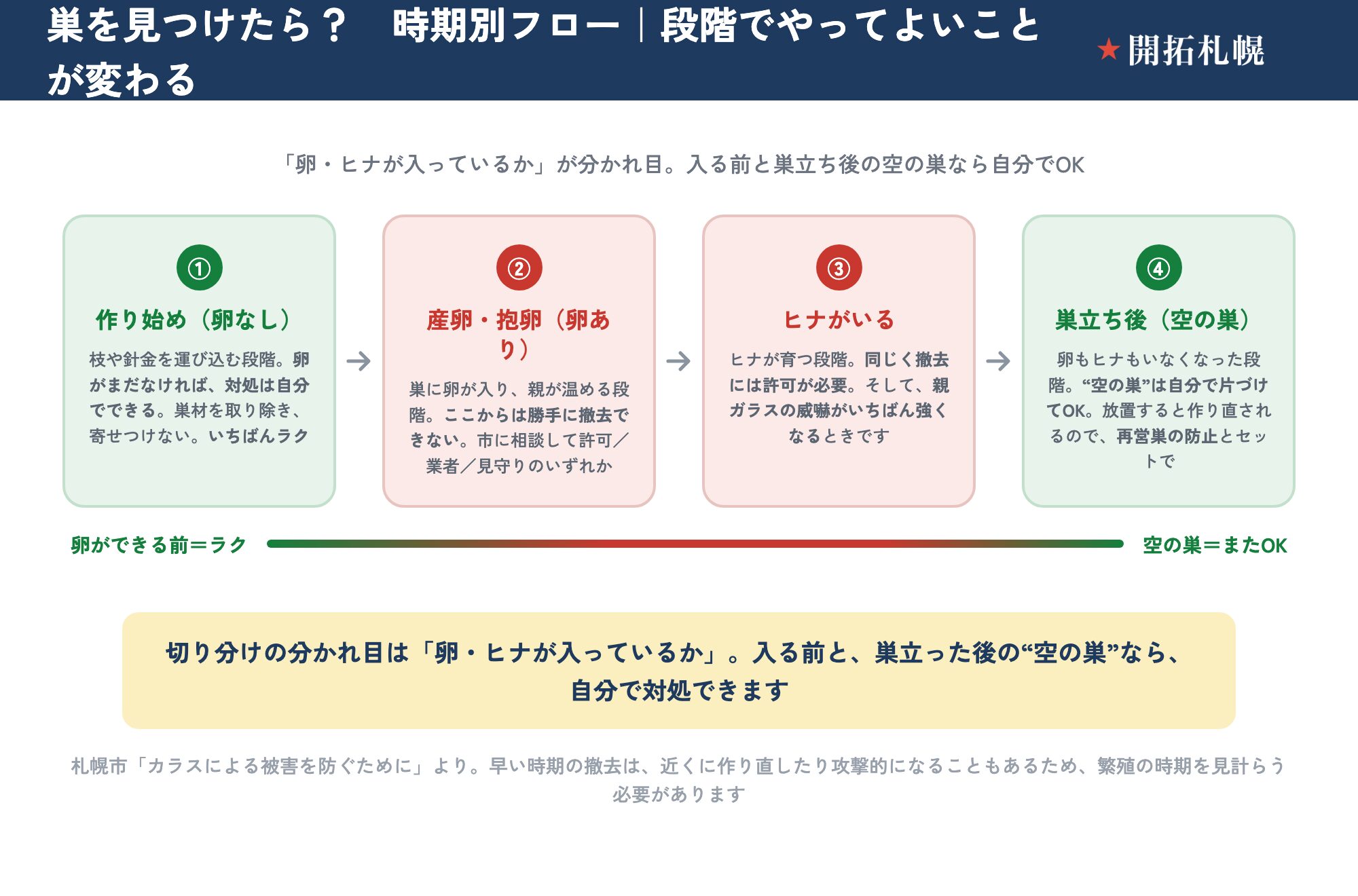 カラスの巣の時期別フロー図で、4段階でやってよいことが変わることを示す。①作り始め（枝や針金を運び、まだ卵なし）：卵がまだなければ対処は自分ででき、巣材を取り除いて寄せつけない、いちばんラクな段階。②産卵・抱卵（卵がある）：巣に卵が入り親が温める段階で、ここからは勝手に撤去できず、市に相談して許可を得る／業者に頼む／巣立ちを見守る、のいずれか。③ヒナがいる：ヒナが育つ段階で、同じく撤去には許可が必要、そして親ガラスの威嚇がいちばん強くなる。④巣立ち後（空の巣）：卵もヒナもいなくなった段階で、空の巣は自分で片づけてよいが、放置すると作り直されるので再営巣の防止とセットで行う。分かれ目は卵・ヒナが入っているかで、入る前と巣立ち後の空の巣なら自分で対処できる。出典は札幌市のカラス被害ページで、早い時期の撤去は近くに作り直したり攻撃的になることもあるため繁殖の時期を見計らう必要がある。