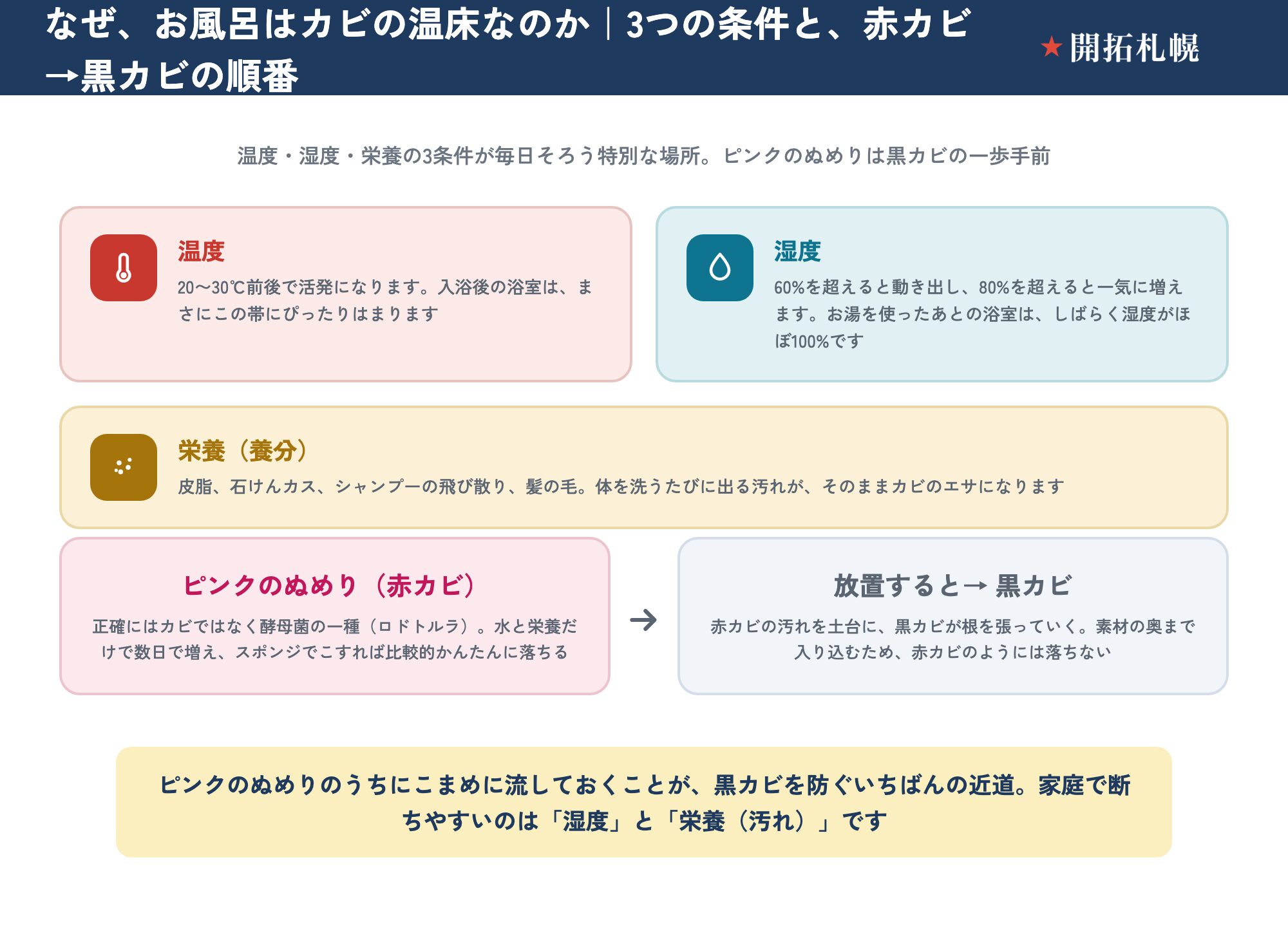 お風呂がカビの温床になる3つの条件と、赤カビから黒カビへの進行を示した図。温度は20〜30℃前後で活発になり、入浴後の浴室はこの帯にぴったりはまる。湿度は60%を超えると動き出し80%を超えると一気に増え、お湯を使ったあとの浴室はしばらくほぼ100%。栄養は皮脂・石けんカス・シャンプーの飛び散り・髪の毛。進行は、まずピンクのぬめり（赤カビ）＝正確にはカビではなく酵母菌の一種ロドトルラで水と栄養だけで数日で増えスポンジで落ちる→放置すると、その汚れを土台に黒カビが根を張り、素材の奥まで入り込んで落ちなくなる。ピンクのぬめりのうちにこまめに流すのが黒カビを防ぐいちばんの近道。