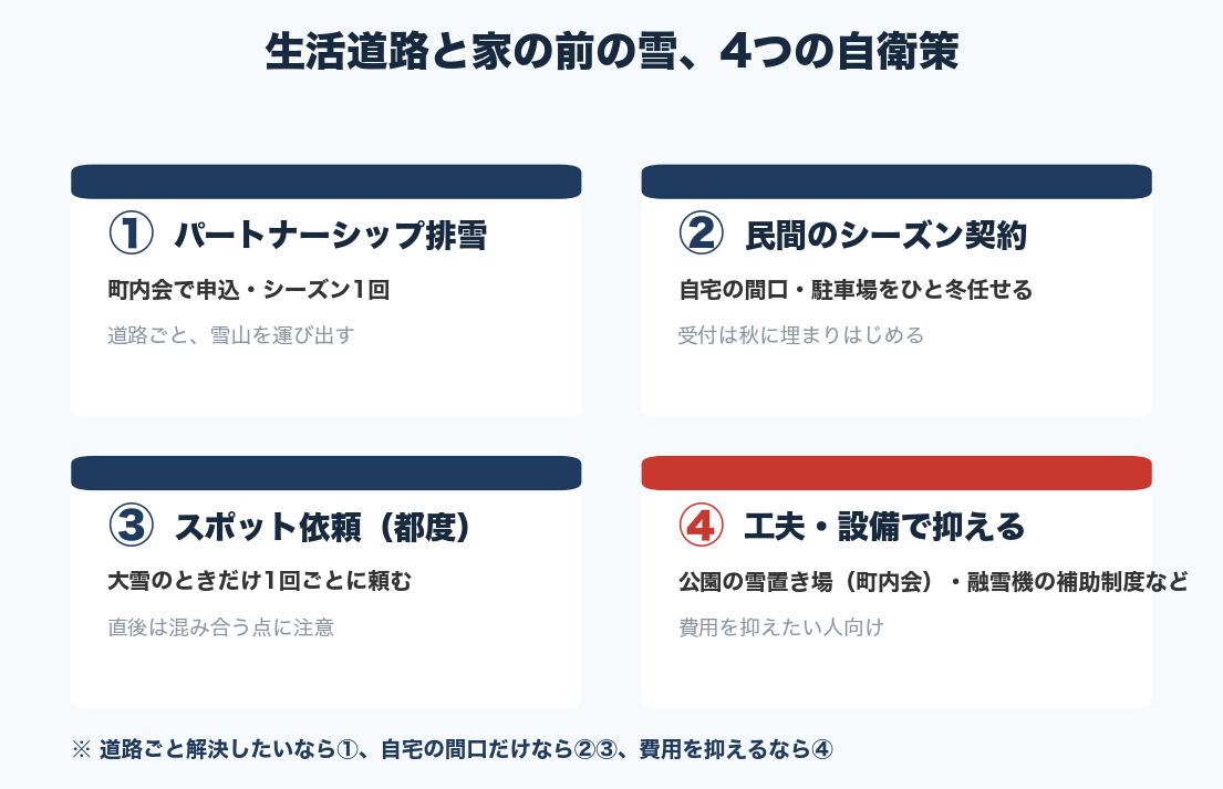 生活道路と家の前の雪、4つの自衛策（パートナーシップ排雪・民間シーズン契約・スポット依頼・工夫や設備）